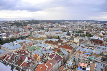 View of the city. Roofs of houses