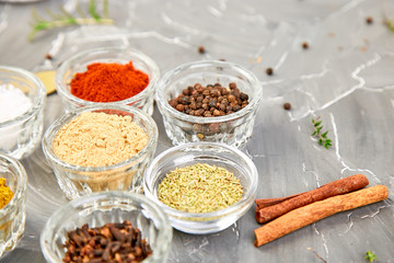 Seasoning background. Spice and herb seasoning with fresh and dried