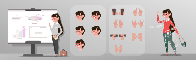 Young woman in business suit making presentation. Set of Businesswoman working character design in office and presentation in various action.  Animation character poses, gestures and faces. - Vector