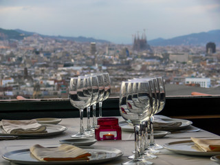Romantic date dinner restaurant Barcelona skyline