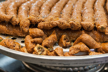 A tray of borma pistachio, a popular Middle Eastern dessert, in an Arabic bakery in Dubai, United Arab Emirates