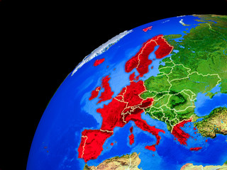 Western Europe from space. Planet Earth with country borders and extremely high detail of planet surface.