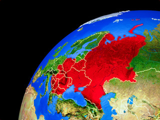 Eastern Europe from space. Planet Earth with country borders and extremely high detail of planet surface.