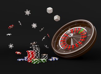 Casino roulette wheel chips isolated on black. Casino game 3D chips. Online casino banner. Black realistic casino chip. Gambling concept, poker mobile app icon. Chips falling in the air. 3d Rendering.