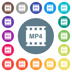 mp4 movie format flat white icons on round color backgrounds