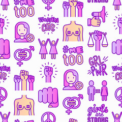 Feminism seamless pattern with thin line icons: women's rights, girl power, gender equality, sex dicrimination, me too, protest, girls are strong. Modern vector illustration.