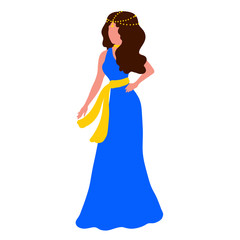 Girl in a long blue dress with yellow jewelry on her head and neck