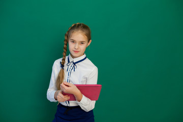 schoolgirl girl during a lesson at the Blackboard with Tablet