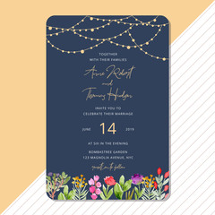 wedding invitation with floral watercolor and string light background