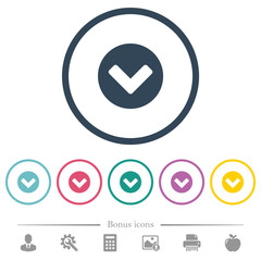 Chevron down flat color icons in round outlines