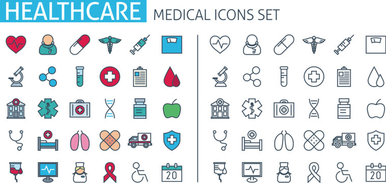 healthcare poster. Medical icons set. Thin line web symbols outline flat style for mobile app