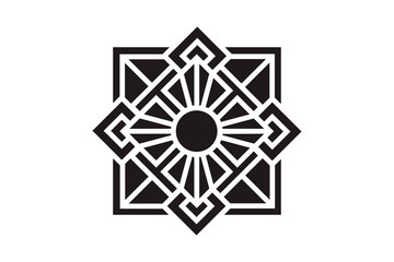 Abstract emblem in trendy linear style with sun of sacred icon on geometric. Vector graphic design logo, print, label, badge, sticker, emblem, sign, identity.