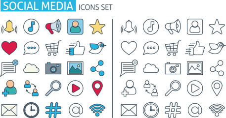 social media icons set. Thin line web symbols outline flat style for mobile app, communication