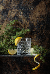 Gin , tonic with slices of lemon and a sprig of juniper . - obrazy, fototapety, plakaty