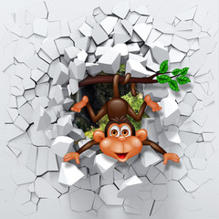 3d background, little monkey peeping from a broken wall.3D wall looks very lovely and also brings different colors to room! It will visually expand children's room and become an accent in the interior