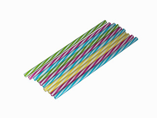 Colourly striped plastic drinking straws, white underground background