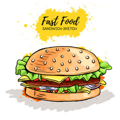 Hand drawn Hamburger or Sandwich. Fast Food sketch