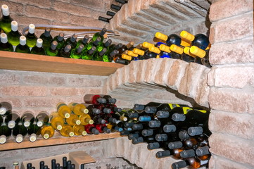 Wine cellar with bottles of different wines on wooden shelves.