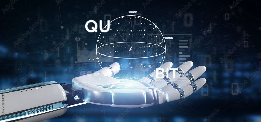 Poster cyborg hand holding quantum computing concept with qubit icon 3d rendering