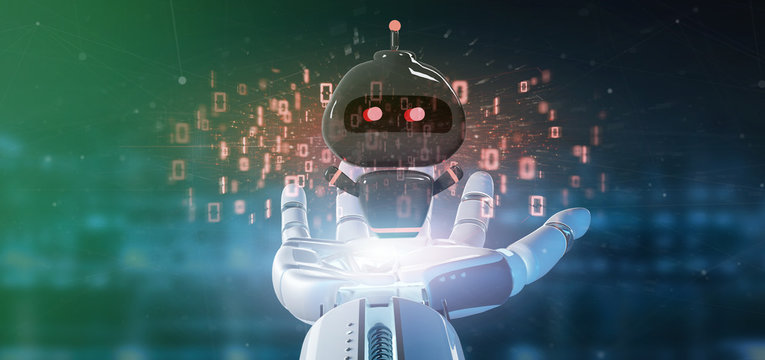 Cyborg hand holding Virus chatbot with binary code 3d rendering