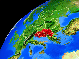 Former Yugoslavia from space. Planet Earth with country borders and extremely high detail of planet surface.