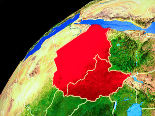 Former Sudan from space. Planet Earth with country borders and extremely high detail of planet surface.