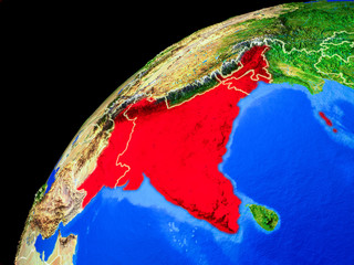 British India from space. Planet Earth with country borders and extremely high detail of planet surface.