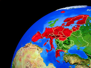 Schengen Area members from space. Planet Earth with country borders and extremely high detail of planet surface.