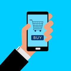 Businessman holding a smartphone with background for online buy. Concept of online shopping. Flat design, vector illustration.