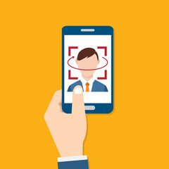 Facial recognition technology, Face ID concept, hand holding smart phone focus in a users face. Vector illustration.