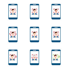Face, facial recognition system icon set. Biometric identification. Smartphone and computer scans a person face symbol.	