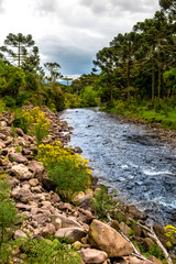 Fototapeta na wymiar Canoas River, with rocks and forest on the banks, cloudy sky, Urubici, Santa Catarina