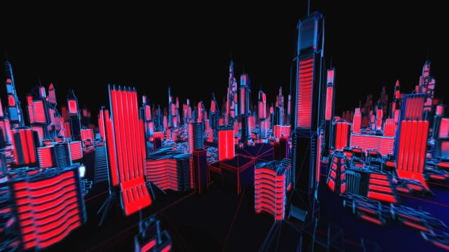 Geometric laser cityscape. Seamless neon retro futuristic animation with shallow depth of field.