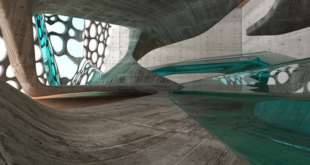 Empty dark abstract concrete and wood smooth interior. Architectural background. 3D illustration and rendering
