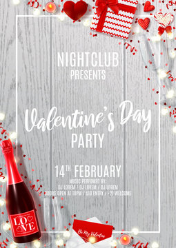 Party flyer for Happy Valentine's Day. Vector illustration with top view on realistic bottle of champagne, gift boxes, red serpentine and confetti on wooden texture. Invitation to nightclub.