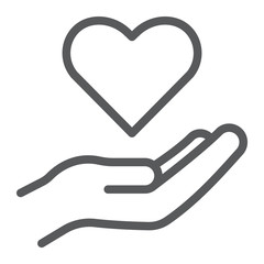 Care line icon, family and love, hand holding heart sign, vector graphics, a linear pattern on a white background.