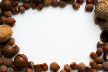 frame made of macadamia nuts, hazelnut, walnut on the white background