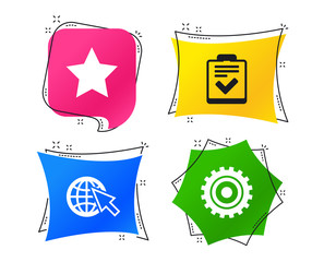 Star favorite and globe with mouse cursor icons. Checklist and cogwheel gear sign symbols. Geometric colorful tags. Banners with flat icons. Trendy design. Vector