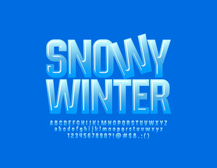 Vector bright Sign Snowy Winter with Glossy blue Font. Exclusive Alphabet Letters, Numbers and Symbols.