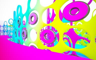 abstract architectural interior with colored smooth sculpture. 3D illustration and rendering