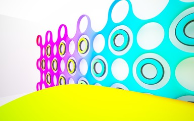 abstract architectural interior with colored smooth sculpture. 3D illustration and rendering