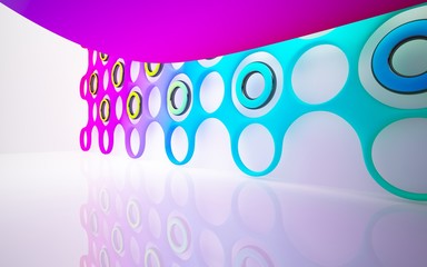 abstract architectural interior with colored smooth sculpture. 3D illustration and rendering