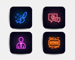 Neon set of Paint brush, Idea lamp and Human icons. Fastpass sign. Creativity, Business energy, Person profile. Entrance ticket. Neon icons. Glowing light banners. Vector