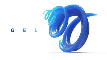3D illustration of soft Gel. Blue water spiral jet, brown splash, liquid wave, splashing loops, curvy line, isolated on white background.