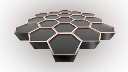 3D illustration of black honeycombs shape on white background.