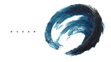 3D illustration of blue ocean wave, water splashing round frame, aqua, clear liquid splash isolated on white background.
