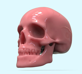 3D illustration of pink human skull looks as yogurt. Shiny Coral color Human skull on blue background.