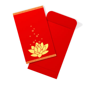 Red Chinese Envelope With Lotus. 3D Illustration.