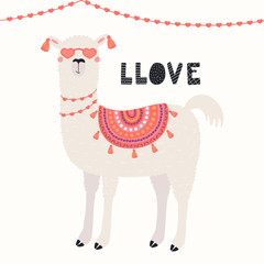 Hand drawn Valentines day card with cute funny llama in heart shaped glasses, text Llove. Vector illustration. Scandinavian style flat design. Concept for celebration, invite, children print.