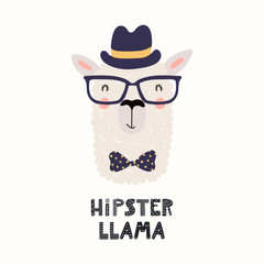 Hand drawn vector illustration with cute funny llama in a hat, bow tie, glasses, with text Hipster llama. Isolated objects on white background. Scandinavian style flat design. Concept for kids print.